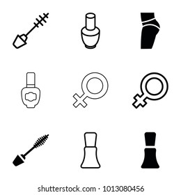 Feminine icons. set of 9 editable filled and outline feminine icons such as mascara, nail polish, female