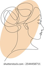 Feminine Illustration line drawing. Woman portrait. Abstract Modern surreal continuous .Cosmetics .Makeup .Hair stylist. Wedding logo. Hand drawn without artificial intelligence