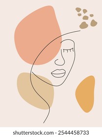 Feminine Illustration line drawing. Woman portrait. Abstract Modern surreal continuous .Cosmetics .Makeup .Hair stylist. Wedding logo. Hand drawn without artificial intelligence