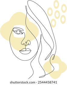 Feminine Illustration line drawing. Woman portrait. Abstract Modern surreal continuous .Cosmetics .Makeup .Hair stylist. Wedding logo. Hand drawn without artificial intelligence