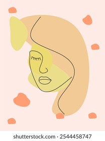 Feminine Illustration line drawing. Woman portrait. Abstract Modern surreal continuous .Cosmetics .Makeup .Hair stylist. Wedding logo. Hand drawn without artificial intelligence