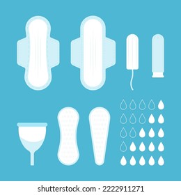 Feminine intimate hygiene. Sanitary napkins, tampon, cup set. Flat vector illustration.