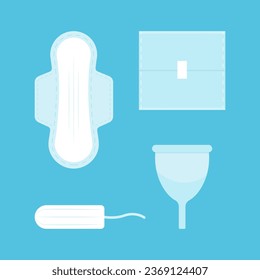 Feminine intimate hygiene. Sanitary napkins, tampon, cup set.