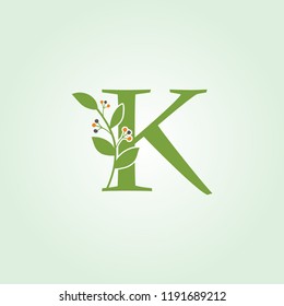 Feminine K Letter Logo, Green Leaf florist design