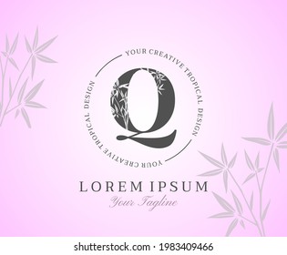 Feminine Letter Q Logo with Bamboo Leaves Texture Design Logo Icon. Creative Tropical Beauty Alphabetical Nature Logo Template.