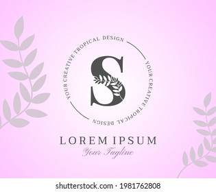 Feminine Letter S Logo with Nature Leaves Texture Design Logo Icon. Creative Beauty Alphabetical Beauty Nature Logo Template.