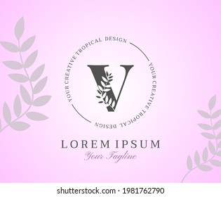 Feminine Letter V Logo with Nature Leaves Texture Design Logo Icon. Creative Beauty Alphabetical Beauty Nature Logo Template.