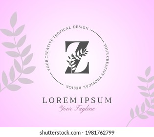Feminine Letter Z Logo with Nature Leaves Texture Design Logo Icon. Creative Beauty Alphabetical Beauty Nature Logo Template.