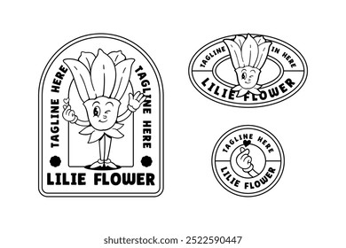 feminine lily flower buds outline retro cartoon character mascot illustration set with standing pose, flirty eye and hand forming love for florist, kids, beauty business mascots and merchandise