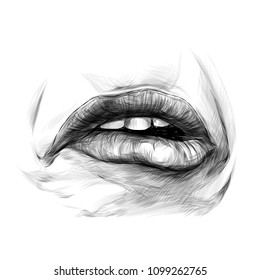 feminine lips, the emotion of sadness frustration and disgust, sketch vector graphics monochrome illustration
