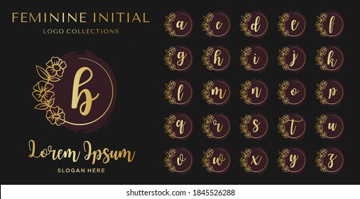 Feminine logo collections template, set in black background. Beauty care, wedding or fashion design template. Minimalist logo design