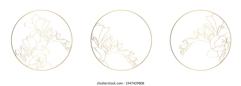 Feminine logo design templates in trendy linear minimal style. 
Freesia flowers. Emblem, symbols and icons for cosmetics, jewellery, beauty and handmade products.