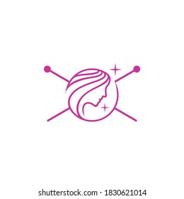 Feminine logo of a woman's face in a circle with two knitting needles