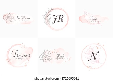 Feminine logos collection, hand drawn modern minimalistic and floral and watercolor brush stroke. Elegant badge templates for branding vector