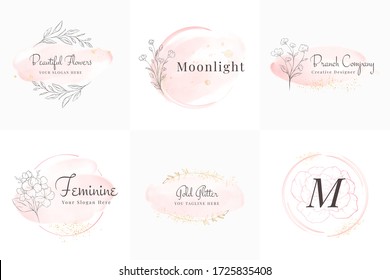 Feminine logos collection, hand drawn modern minimalistic and floral and watercolor badge templates for branding,  identity, boutique, salon vector