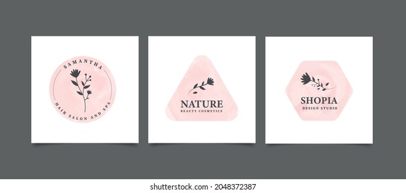 Feminine logos collection, hand drawn modern minimalistic and watercolor badge templates for branding, identity, boutique, salon.