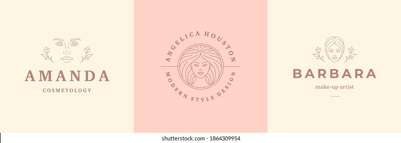 Feminine logos emblems design templates set with beauty female portraits vector illustrations minimal linear style. Outline symbols for hairdresser insignia or makeup salon branding