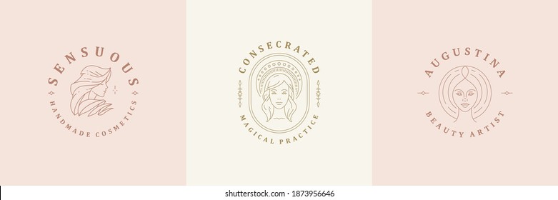 Feminine logos emblems design templates set with magic female portraits vector illustrations minimal linear style. Outline symbols for hairdresser insignia or beauty salon branding