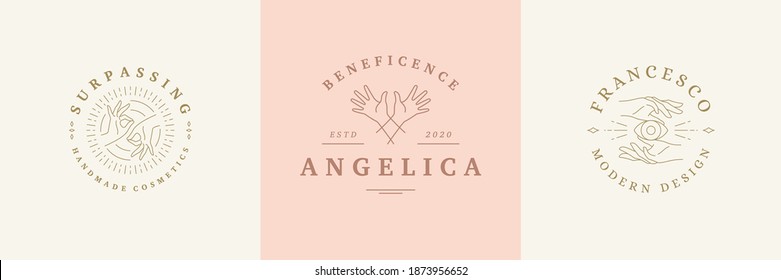 Emblemas de logotipos femeninos plantillas de diseño conjunto con gestos de manos femeninas ilustraciones vectoriales estilo de arte de línea mínimo. Símbolos de esquema para la marca de productos cosméticos y de envasado o manicura