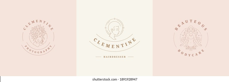 Feminine logos emblems design templates set with magic female portraits vector illustrations minimal linear style. Outline symbols for hairdresser insignia or beauty salon branding