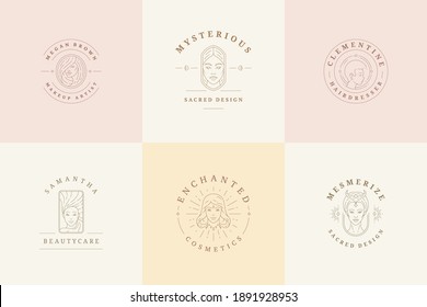 Feminine logos emblems design templates set with magic woman portraits vector illustrations minimal line art style. Outline symbols for hairdresser insignia or beauty salon branding