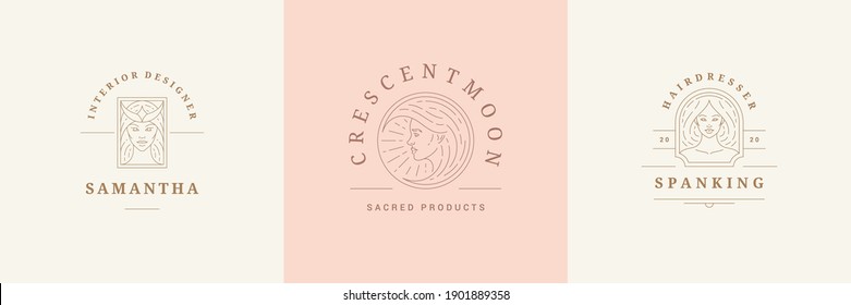 Feminine logos emblems design templates set with magic female portraits vector illustrations minimal linear style. Outline symbols for hairdresser insignia or beauty salon branding