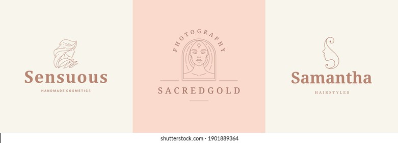 Feminine logos emblems design templates set with female portraits vector illustrations minimal linear style. Outline symbols for hairdresser insignia or beauty salon branding