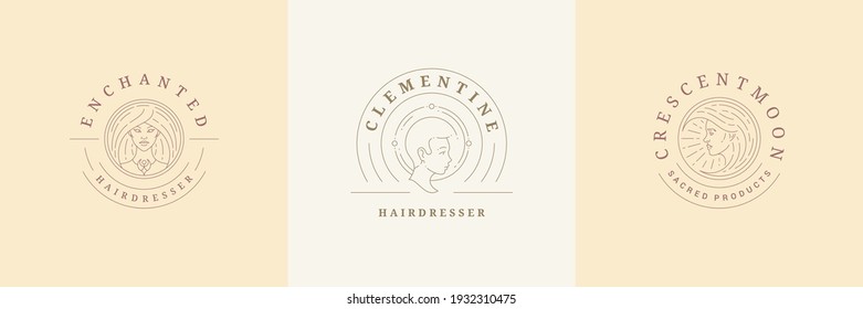 Feminine logos emblems design templates set with magic female portraits vector illustrations minimal line art style. Outline symbols for hairdresser insignia or beauty salon branding