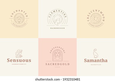 Los emblemas femeninos de diseño de plantillas de diseño con retratos femeninos ilustraciones vectoriales de estilo lineal mínimo. Símbolos de esquema para la insignia del peluquero o la marca del salón de belleza