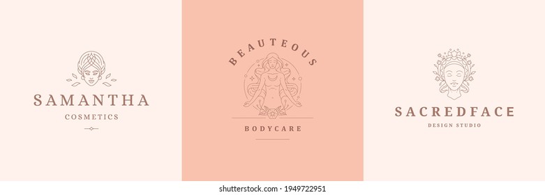 Feminine logos emblems design templates set with magic female portraits vector illustrations minimal linear style. Outline symbols for hairdresser insignia or beauty salon branding