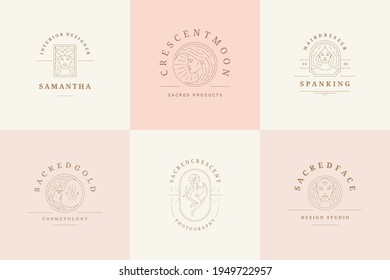 Feminine logos emblems design templates set with magic female vector illustrations minimal linear style. Outline symbols for hairdresser insignia or beauty salon branding