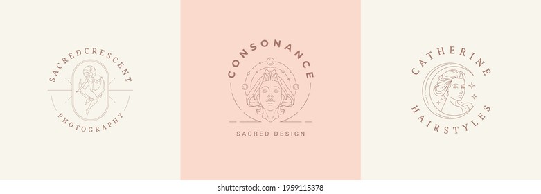 Feminine logos emblems design templates set with magic female vector illustrations minimal linear style. Outline symbols for hairdresser insignia or beauty salon branding