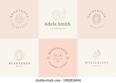 Feminine logos emblems design templates set with magic female portraits vector illustrations minimal linear style. Outline symbols for hairdresser insignia or beauty salon branding