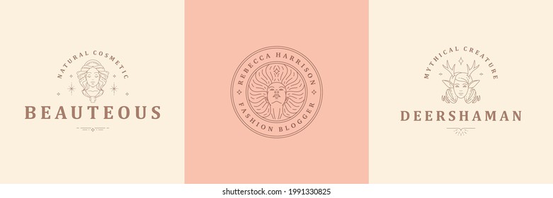 Feminine logos emblems design templates set with magic woman portraits vector illustrations minimal linear style. Outline symbols for makeup cosmetics packaging or beauty products branding