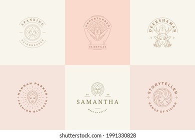 Los emblemas femeninos de diseño de plantillas de diseño con retratos de mujeres celestes ilustraciones vectoriales de estilo lineal mínimo. Símbolos de esquema para la insignia del peluquero o la marca del salón de belleza