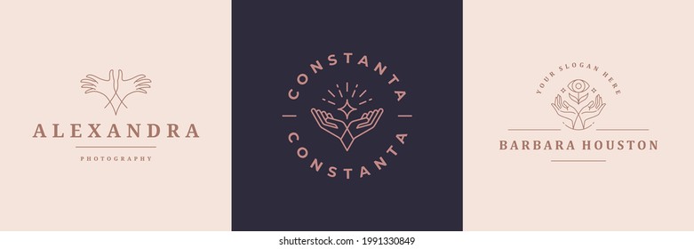 Feminine logos emblems design templates set with female hands gestures vector illustrations minimal linear style. Outline symbols for cosmetics packaging or manicure products branding