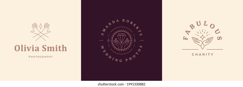 Feminine logos emblems design templates set with female hands gestures vector illustrations minimal line art style. Outline symbols for cosmetics packaging or manicure products branding