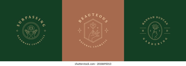 Los emblemas de los logotipos femeninos muestran plantillas de diseño de manos femeninas e ilustraciones vectoriales de flores de estilo lineal mínimo. Símbolos de esquema para la marca de cosméticos y embalajes o productos florales