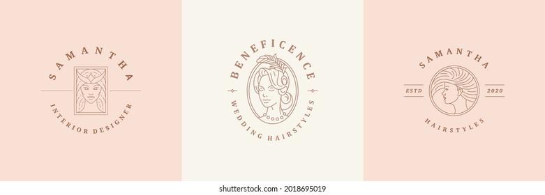 Feminine logos emblems design templates set with celestial woman portraits vector illustrations minimal linear style. Outline symbols for hairdresser insignia or beauty salon branding