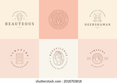 Los emblemas de los logotipos femeninos diseñan plantillas de diseño con retratos mágicos femeninos ilustraciones vectoriales de un estilo lineal mínimo. Símbolos de esquema para el embalaje de cosméticos de maquillaje o marca de productos de belleza