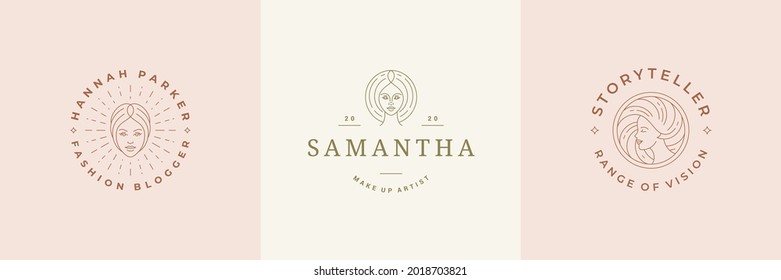 Feminine logos emblems design templates set with celestial woman portraits vector illustrations minimal linear style. Outline symbols for makeup cosmetics packaging or beauty products branding