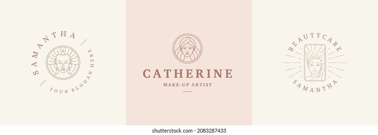 Feminine logos emblems design templates set with female portraits vector illustrations minimal linear style. Outline symbols for hairdresser insignia or beauty salon branding