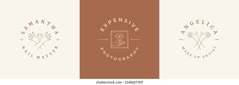 Feminine logos emblems design templates set with female hands gestures vector illustrations minimal line art style. Outline symbols for cosmetics and packaging or manicure products branding