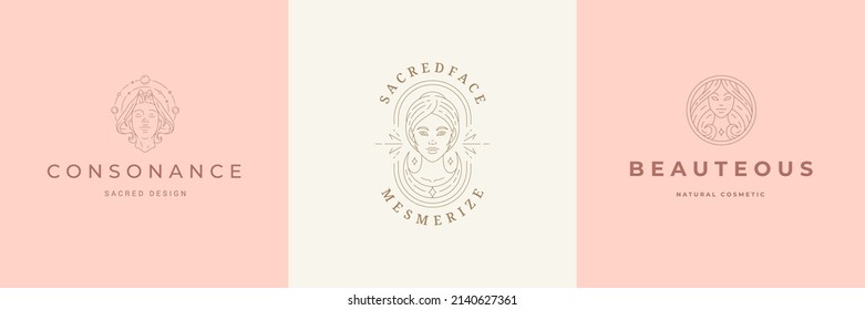 Feminine logos emblems design templates set with magic female portraits vector illustrations minimal linear style. Outline symbols for hairdresser insignia or beauty salon branding