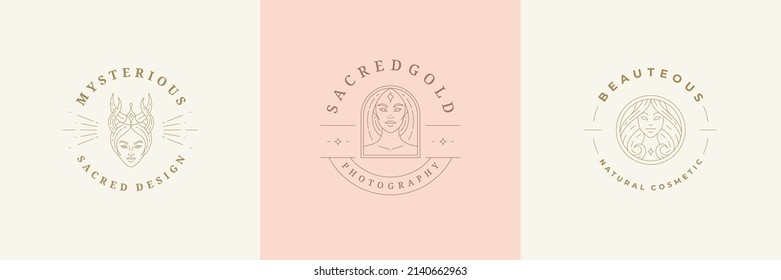 Feminine logos emblems design templates set with magic female portraits vector illustrations minimal linear style. Outline symbols for hairdresser insignia or beauty salon branding