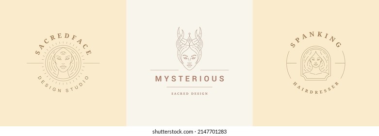 Feminine logos emblems design templates set with magic female portraits vector illustrations minimal linear style. Outline symbols for hairdresser insignia or beauty salon branding