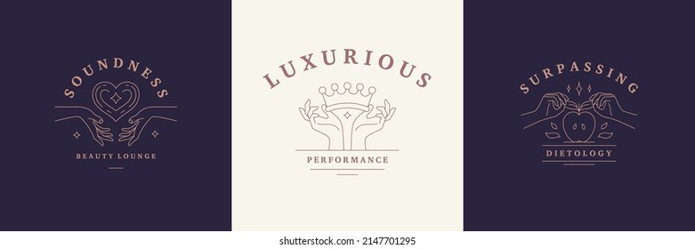 Feminine logos emblems design templates set with female hands and objects vector illustrations minimal linear style. Outline symbols for cosmetics packaging or vegetarian branding