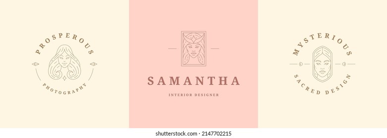 Feminine logos emblems design templates set with magic female portraits vector illustrations minimal linear style. Outline symbols for hairdresser insignia or beauty salon branding