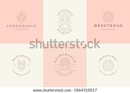 Feminine logos emblems design templates set with magic female portraits vector illustrations minimal linear style. Outline symbols for hairdresser insignia or beauty salon branding