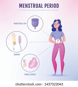 Feminine Menstrual Period Hygiene Products Flat Info Poster With Sanitary Pads Gaskets Tampons Cup Choices Vector Illustration 